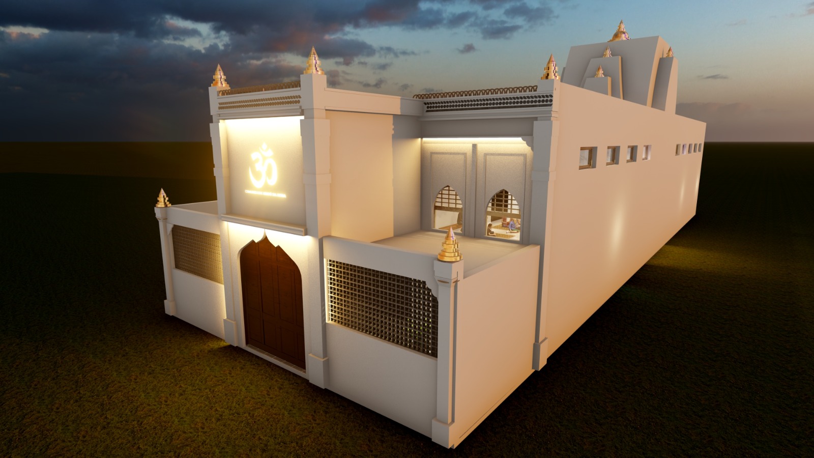 Vista lateral e volume completo do edifício do Mandir