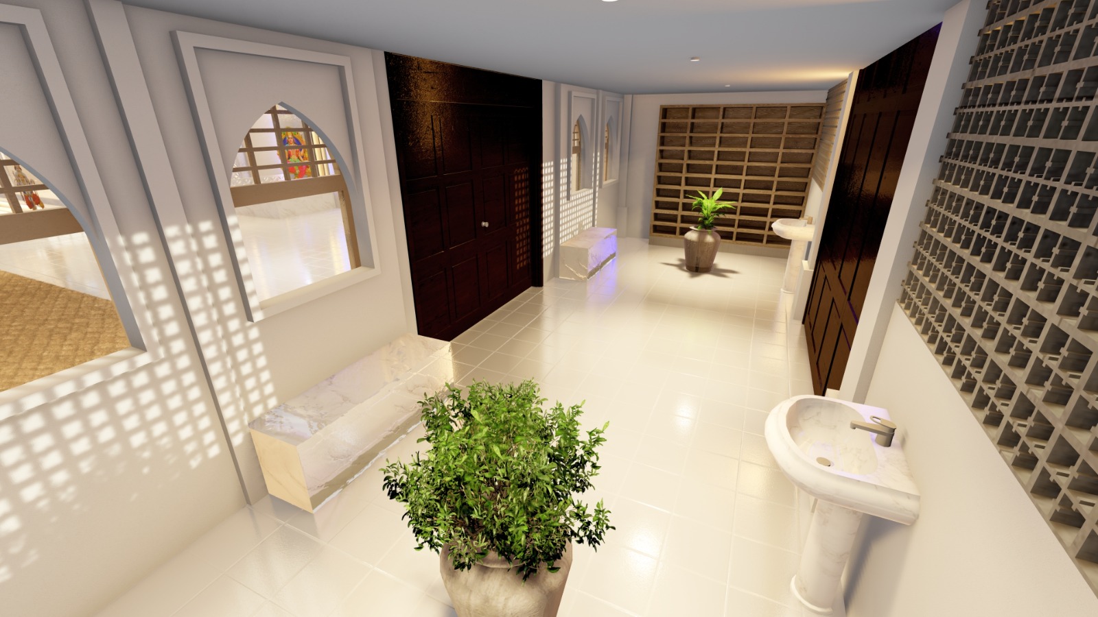 Vista do hall de entrada com lavatório e nichos