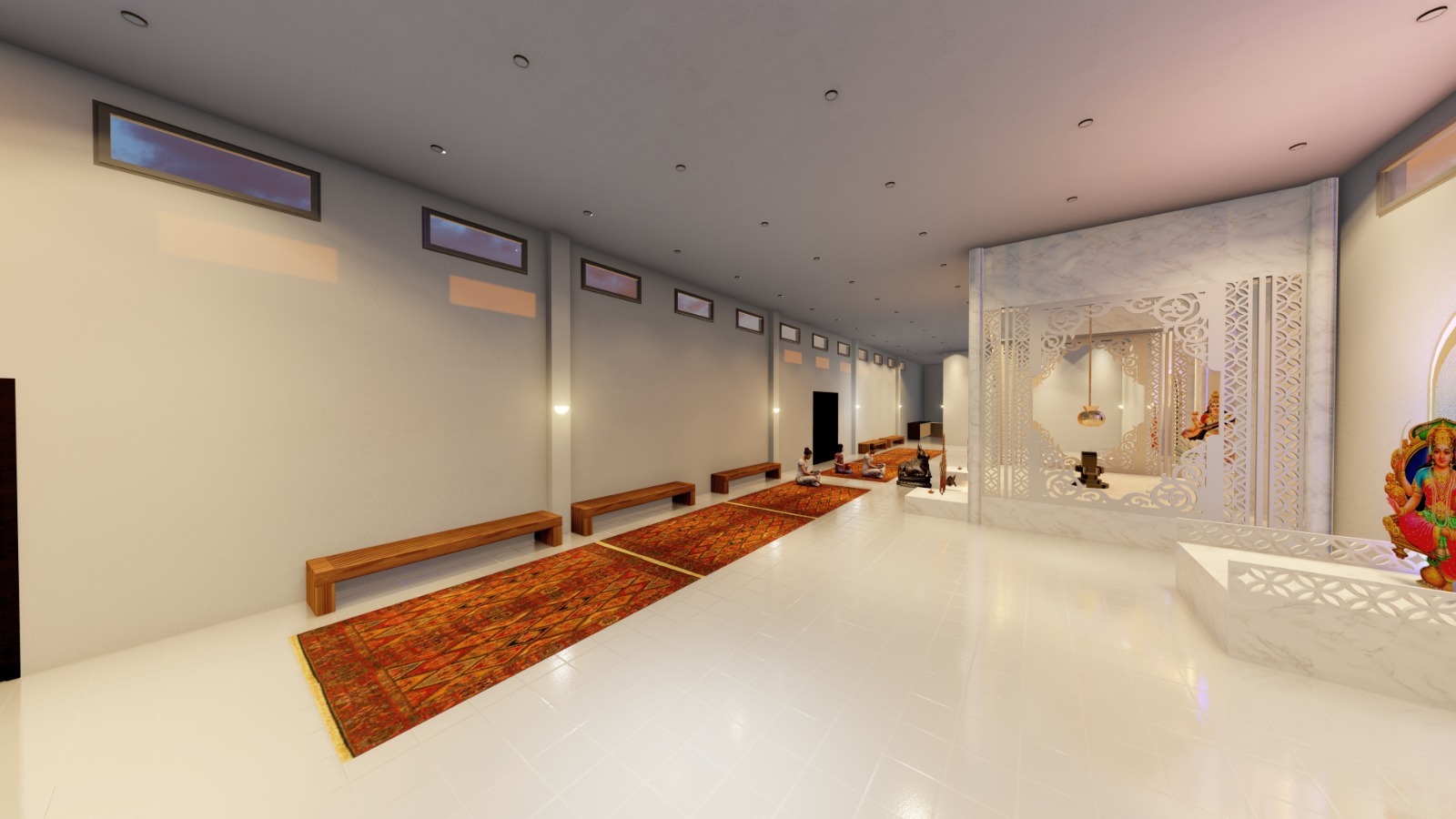 Vista longitudinal do salão com devotos sentados